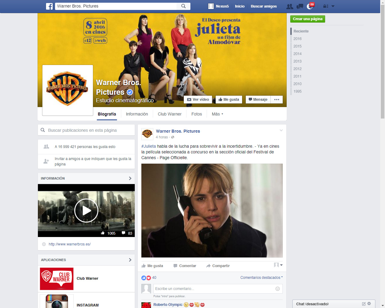 Presentación para escritorio de facebook.com/WarnerBrosPicturesEspana durante la promoción de "Julieta"