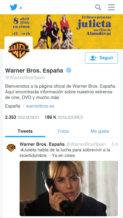 Presentación para móvil de la página de Twitter de Warner Bros. Pictures España durante la promoción de "Julieta"