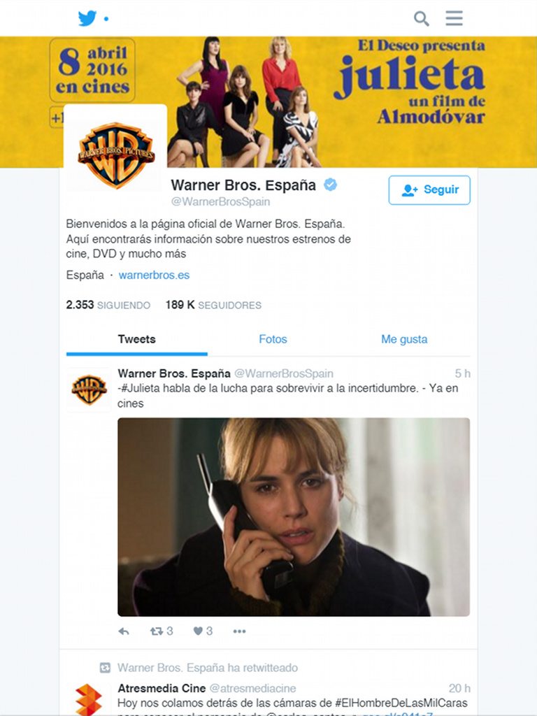 Presentación para tableta de la página de Twitter de Warner Bros. Pictures España durante la promoción de "Julieta"