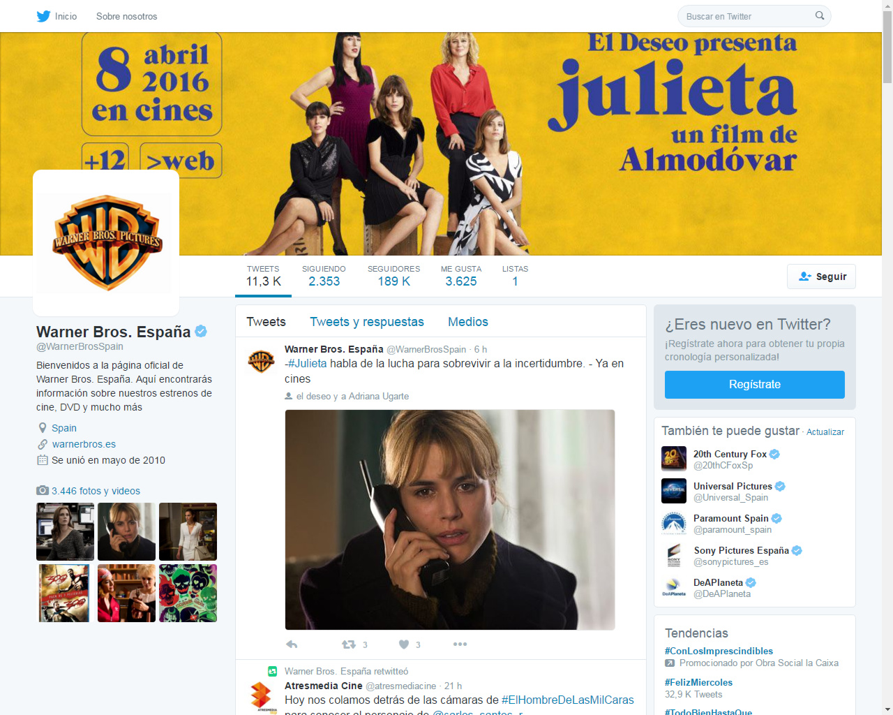 Presentación para escritorio de la página de Twitter de Warner Bros. Pictures España durante la promoción de "Julieta"