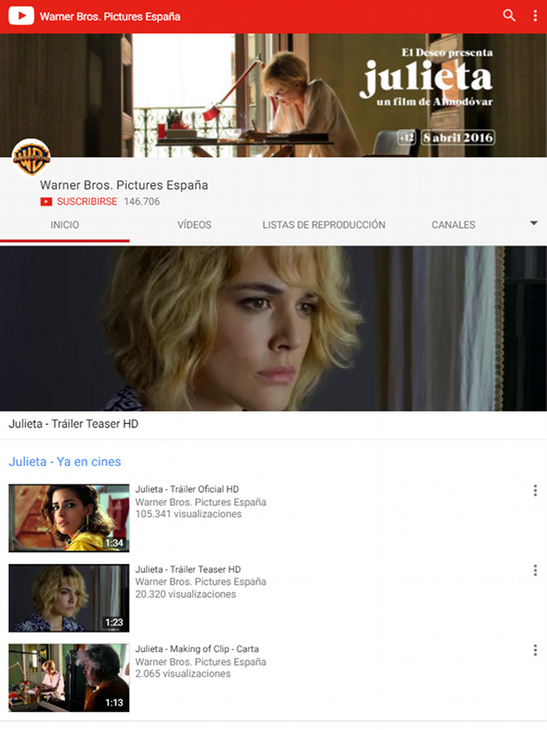 Presentación para tableta del canal de YouTube de Warner Bros. Pictures España durante la promoción de "Julieta"