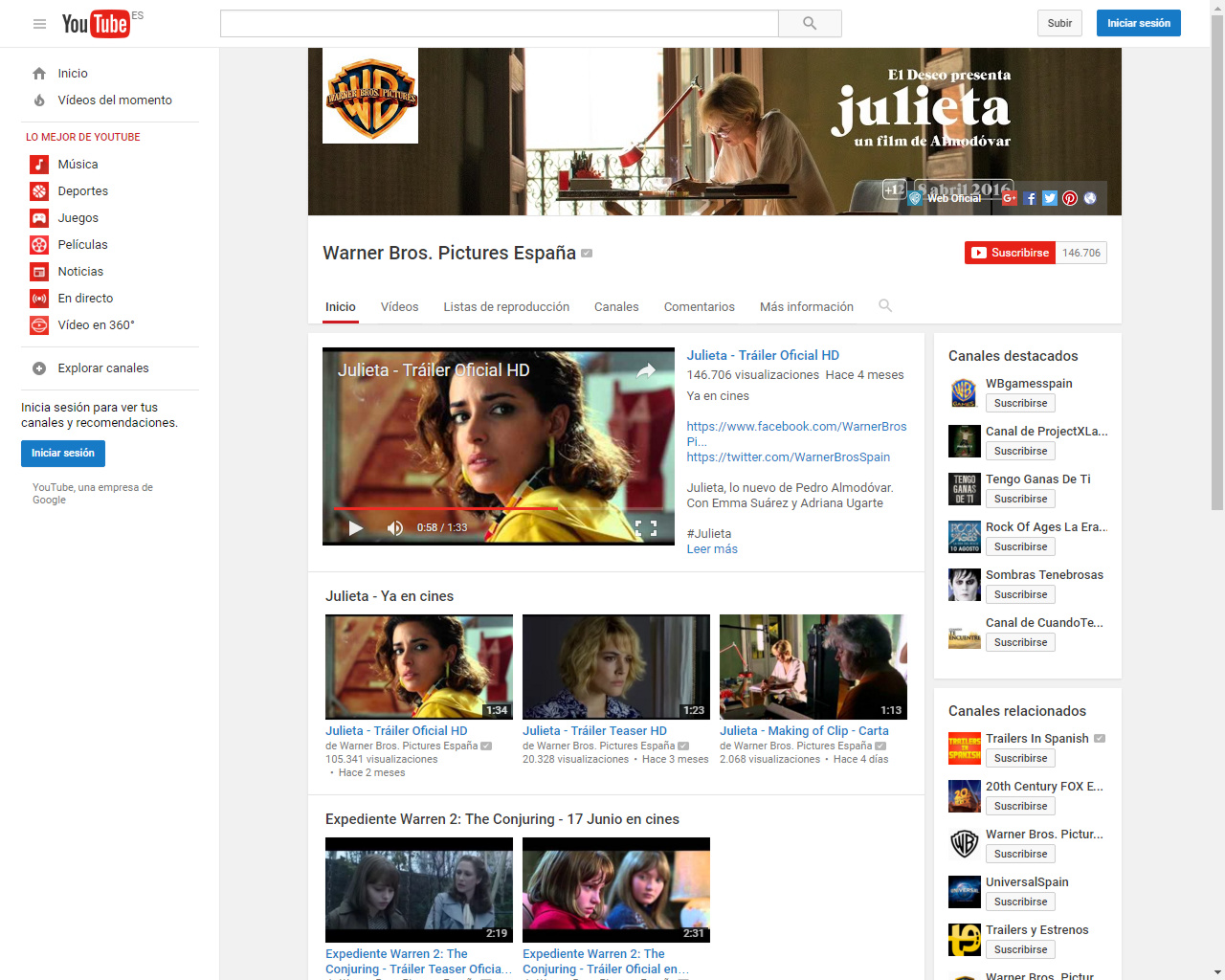 Presentación para escritorio del canal de YouTube de Warner Bros. Pictures España durante la promoción de "Julieta"